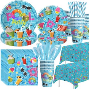 May include: A blue and white pool party themed disposable tableware set. The set includes plates, cups, napkins, forks, spoons, and straws. The tableware features a variety of pool party designs, including palm trees, sunglasses, and inflatable rings. The set is perfect for a pool party or summer barbecue.