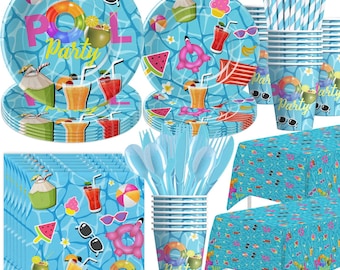 Pool Party Plates, Napkins, Cups, Tablecloth Disposable Tableware Serves 24, Summer Beach Pool Birthday Baby Shower Dinnerware, Beach Party