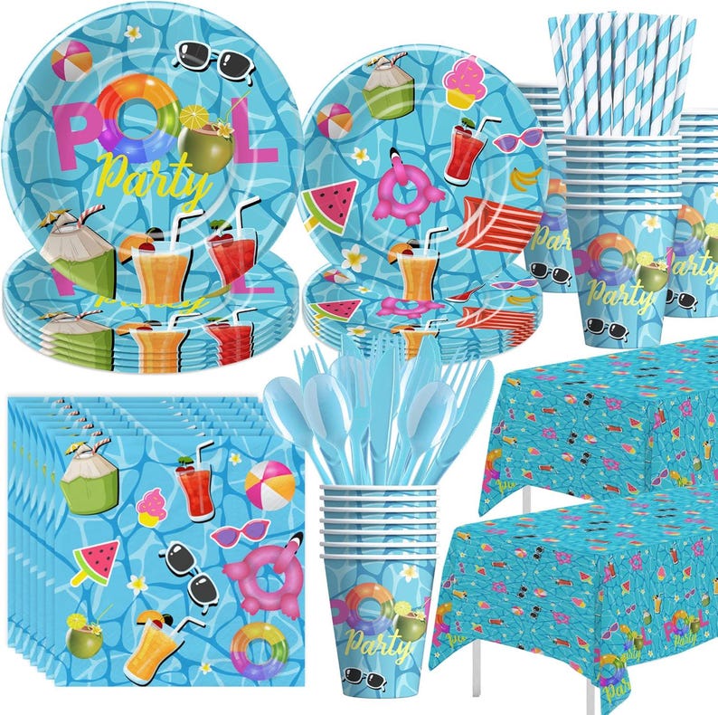Spoon Pool Pool Party Plates, Napkins, Cups, Tablecloth Disposable Tableware ...