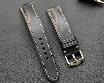 Toiano Black Leather Watch Strap / 100% Handmade Black Leather / 24mm, 22mm, 20mm, 18mm, 16mm Custom Size