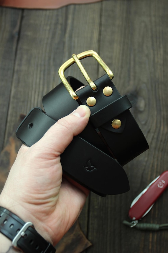 Black Leather Belt with Brass Buckle &  Rivets all around Standard Belt - Black | Made in the USA | Tanner Goods main image 3