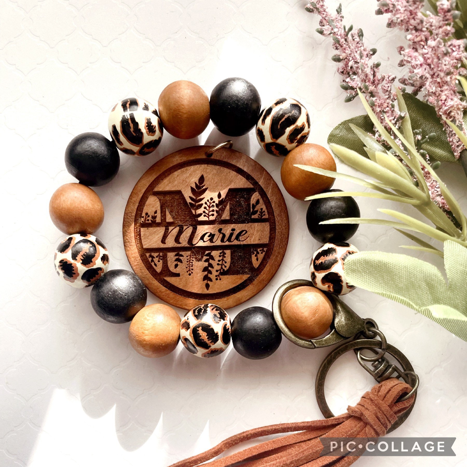 Wood Bead Keychain Bracelet with Sublimation Disc