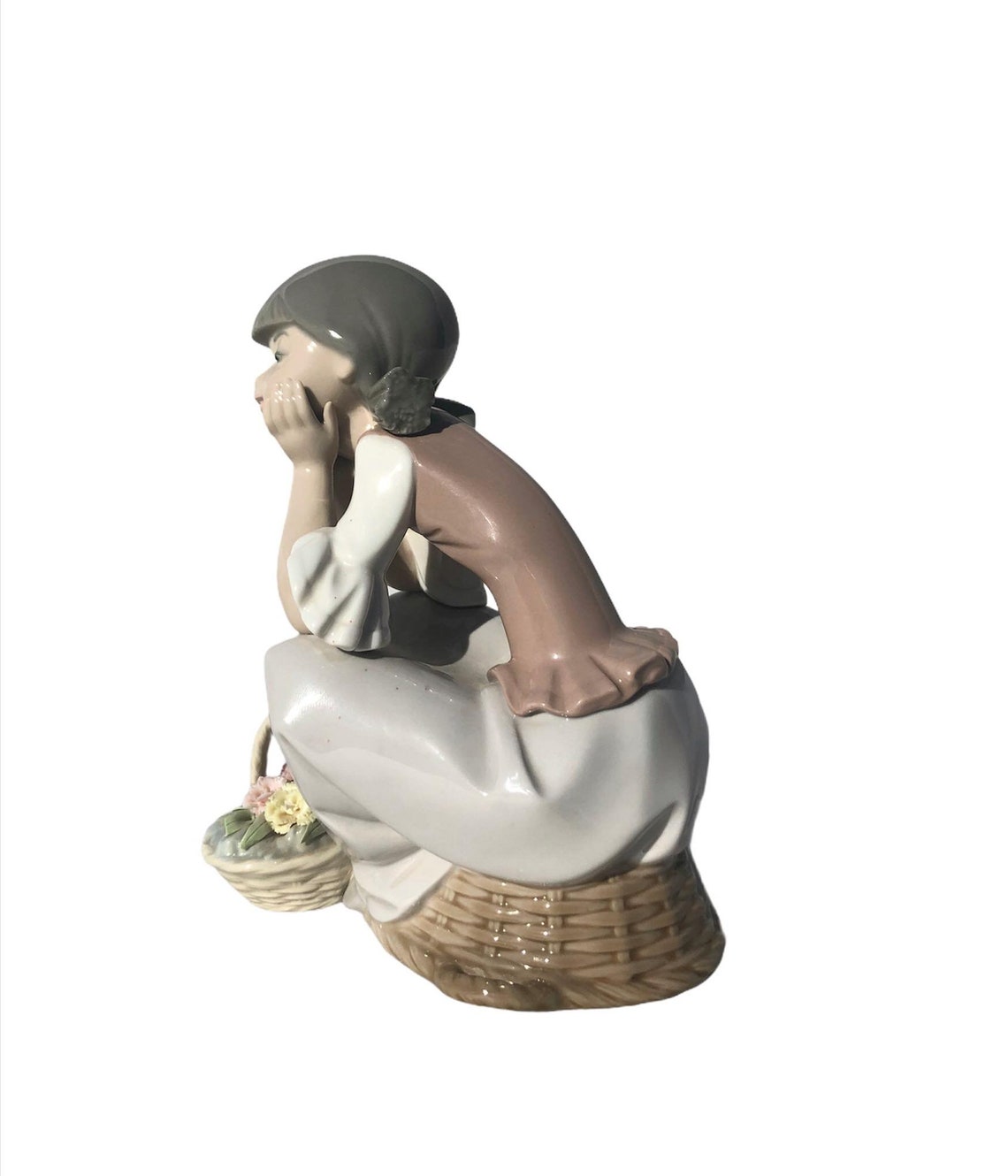 Lladró Pondering Girl Sitting on Basket With Flowers 5173 - Etsy
