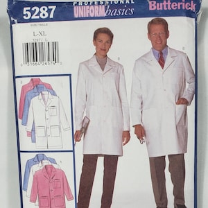 May include: Butterick sewing pattern for professional uniforms, size L-XL. The pattern includes options for lab coats, jackets, and pants. The image shows examples of the finished garments in various colors and styles.