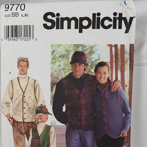 May include: Simplicity sewing pattern 9770 featuring vests. The pattern includes illustrations of vests in various styles, including a quilted vest and a plaid vest. The size range is BB, L, XL.