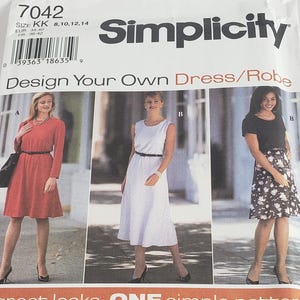May include: Simplicity pattern 7042 for designing dresses and robes. The image shows examples of dresses in various styles, including a red dress, a white polka dot dress, and a floral skirt. The pattern includes sizes 8, 10, 12, and 14.