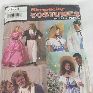 May include: Simplicity Costumes pattern with images of historical and fairytale costumes. The cover displays a pink ball gown, a white suit, and a Beast costume. The pattern number is 7971.