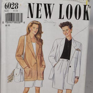 May include: A vintage sewing pattern titled "New Look" with illustrations of women wearing blazers and shorts. The pattern includes the size range 8-18. The cover is white with a tan and white color scheme.