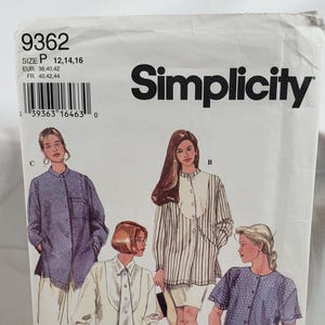 May include: Simplicity sewing pattern 9362 featuring illustrations of four different shirt designs. The pattern includes sizes 12, 14, and 16. The cover is white with the Simplicity logo and product details.
