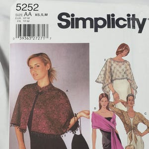 May include: Simplicity pattern 5252 featuring various women's fashion designs. The image shows a woman wearing a cape with a beaded trim. The pattern includes sizes XS, S, and M.