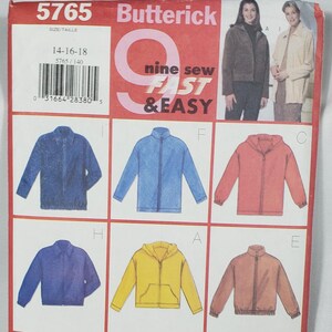 May include: Butterick sewing pattern 5765, featuring nine jacket designs. The pattern includes sizes 14-16-18. The image shows various jacket styles in colors like blue, yellow, and orange. The text reads "Fast & Easy".