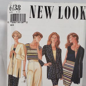 May include: A vintage New Look sewing pattern with illustrations of women's clothing. The cover shows four different outfits, including a blazer, skirt, and trousers, with a size range of 8-18.