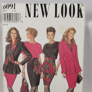 May include: Vintage New Look sewing pattern with illustrations of women's outfits. The cover shows the text "NEW LOOK" in black, with a size range of 8-18. The outfits include skirts, jackets, and tops, offering a retro fashion style.