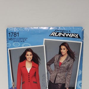 May include: Simplicity sewing pattern 1781 for a blazer, designed by Project Runway. The pattern includes sizes US 6-14, Euro 32-40, and French 34-42. The pattern shows a red blazer with black buttons and a gray blazer with black buttons.