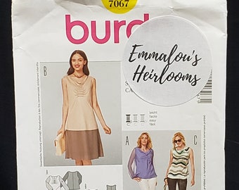 Burda 7067 ,Sewing Pattern, Blouse and dress with scrunched front design, contrast panel options, sizes 8 10 12 14 16 18 20, UNCUT, FF, OOP