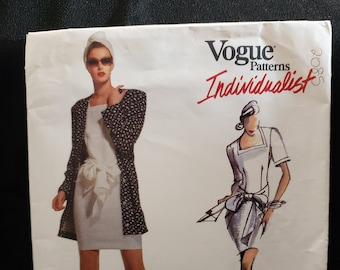 Vogue 2086 sewing pattern for fitted, tie belt dress and loose long jacket, Betty Jackson Individualist in sizes 6-8-10 UNCUT FF OOP