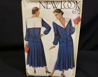 New Look 6372 Sewing Pattern Misses' Dress with long pleated skirt, drop waist, 80s style collar, vintage 1980s size 8-18 UNCUT FF OOP