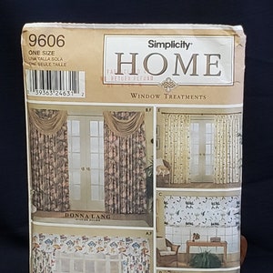 May include: Simplicity Home window treatment sewing pattern 9606, featuring five different window treatment designs. The pattern includes instructions for making curtains, valances, and swags. The pattern is designed by Donna Lang Interior Design.