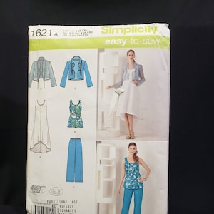 May include: Simplicity sewing pattern number 1621, easy-to-sew, for sizes XXS-XXL. The pattern includes instructions for making a cropped jacket, a sleeveless top, a skirt, and trousers. The pattern is shown on a white background with a model wearing the finished garments.