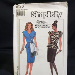 Simplicity 8120 sewing pattern for peplum waist dress - straight skirt - surplice draped bodice - scoop neckline sizes 10-14 UNCUT FF OOP