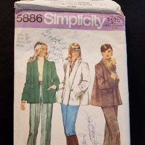 Patron de couture Simplicity 5886 pour veste, pantalon - tissus plus épais, le patron a une note manuscrite qui dit que le pantalon est bien ajusté COUPE taille 16