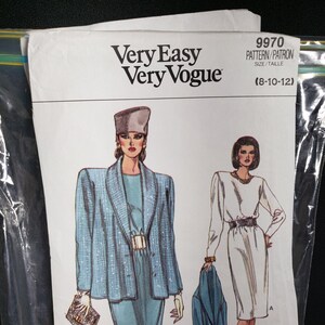 Very Easy Vogue 9970 sewing pattern for loose fitting flared jacket and loose straight blouson dress classic 80&#39;s sizes 8-12 UNCUT FF OOP