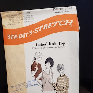 May include: Sew-Knit-N-Stretch pattern #303 for a knit top with neck and sleeve variations. The pattern is for sizes 8-10-12. The pattern is designed by Kerstin Martensson and is printed in the USA.