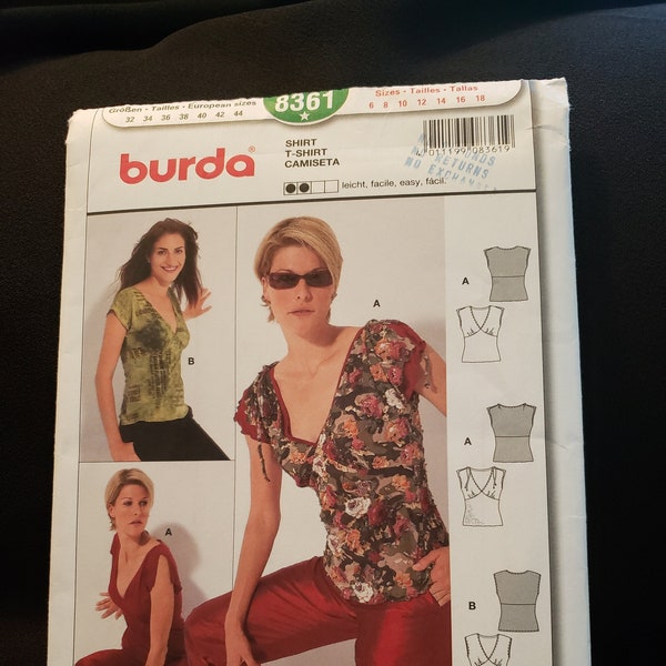 Burda 8361 sewing pattern for form fitting short top for jersey elastic  in sizes 8-18 UNCUT FF