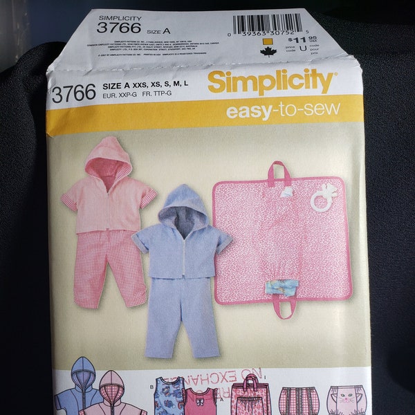 Simplicity 3766 sewing pattern for babies pants, diaper cover, hoody, changing pad and knit body suit in sizes  xxs,xs,s,m,l UNCUT FF OOP