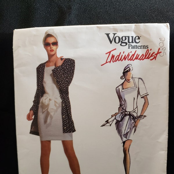 Vogue 2086 sewing pattern for fitted, tie belt dress and loose long jacket, Betty Jackson Individualist in sizes 6-8-10 UNCUT FF OOP