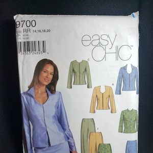 May include: A sewing pattern for a jacket and skirt set. The pattern is for sizes 14, 16, 18, and 20. The pattern is from the Easy Chic line. The pattern includes instructions for making a jacket with a zip closure and a skirt with a straight silhouette.