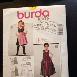 May include: A sewing pattern for a dirndl dress, with instructions in English, Spanish, and German. The pattern includes sizes 4-10 and 104-140. The pattern is for a traditional dirndl dress with a bodice, skirt, and apron. The pattern is printed on white paper with a black and white illustration of the dress.