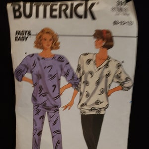 Butterick 3990 sewing pattern, misses top and pants, loose fitting pullover top w/ lower band, tapered elastic waist pants, UNCUT FF 8-10-12
