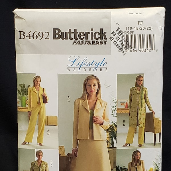 Easy To Sew Open Front Jacket A-Line Skirt Waistband Pants Mock Fly Lifestyle Wardrobe Butterick 4692 Sewing Pattern size 8-14,  16-22 plus