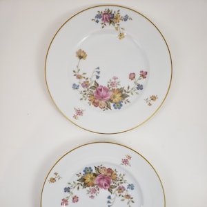 Lot von 2 Noritake Irland Scala 2761 8-Zoll-Mittagsteller - feines florales Porzellan hat Rosa-, Gold- und Blautöne und einen schönen Goldrand