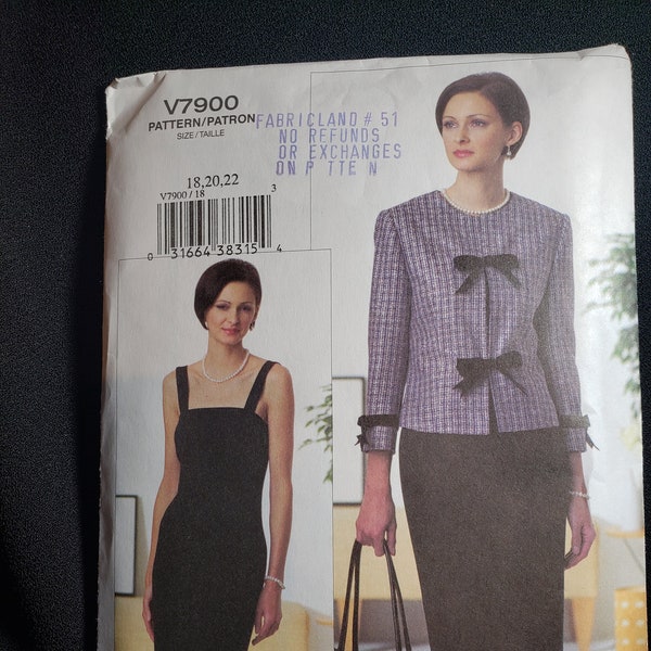 Vogue 7900 sewing pattern for women's strap shoulder dress with bow tie jacket in sizes 18-20-22 UNCUT FF -vogue woman