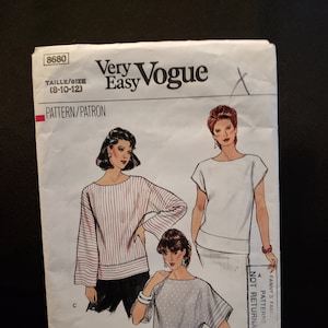 Vogue 8680 sewing pattern for pullover top, very easy boat neck with contrast arm bands and bottom band, CUT  to size 12 - size 8-10-12