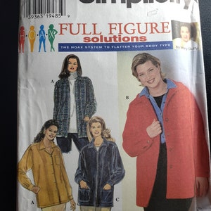 May include: Simplicity sewing pattern number 7342 for a full figure jacket. The pattern includes instructions in English, French, and Spanish. The pattern is for sizes 18W-24W.