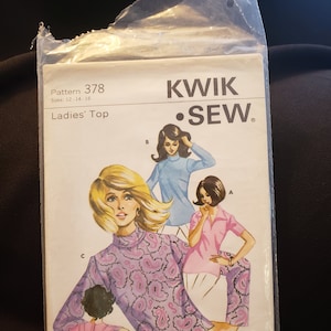May include: A sewing pattern for a ladies' top, with a paisley print, from Kwik-Sew Pattern Co., Inc. The pattern number is 378 and the sizes are 12, 14, and 16. The price is £1.25 in the UK, £1.55 in Canada, and £1.90 in Australia.