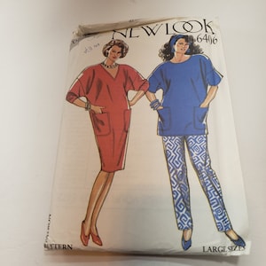 May include: A sewing pattern for a dress and trousers. The pattern is for large sizes and is from New Look. The dress is red and the trousers are blue and white.