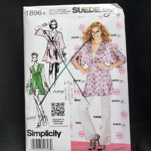 May include: Simplicity sewing pattern 1896A featuring designs by Suede Says. The pattern includes illustrations of a pink floral top, a green dress, and a QR code for the Suede Says website. The pattern size is XXS-XXL.