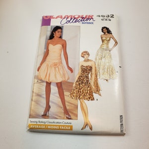 May include: A vintage sewing pattern for a dress, featuring three different styles. The pattern is for sizes 12-14-16 and is from the Glamour Collection by Butterick. The pattern is labeled as "Average/Moins Facile" in sewing difficulty.