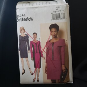 May include: A sewing pattern for a jacket and skirt. The pattern is for sizes 6-8-10-12-14. The pattern is from Butterick and the pattern number is B6256.