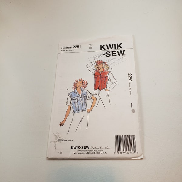 Vintage 1990's Misses' Jean Vests Kwik Sew 2251 Sewing Pattern UNCUT FF sealed Sizes XS-S-M-L, Denim, Sleeveless