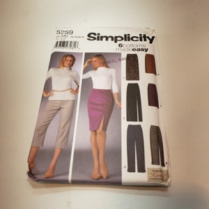 May include: Simplicity sewing pattern number 5259 for 6 bottoms, made easy. The pattern includes a variety of skirt and trouser styles, including a purple skirt with a slit, a black skirt, a brown skirt, and a plaid trouser.