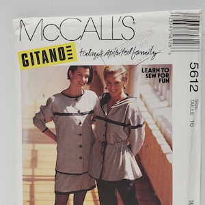 May include: McCall's sewing pattern for a black and white gingham dress and jacket. The pattern is size 16 and is titled "Gitano Today's Spirited Family".