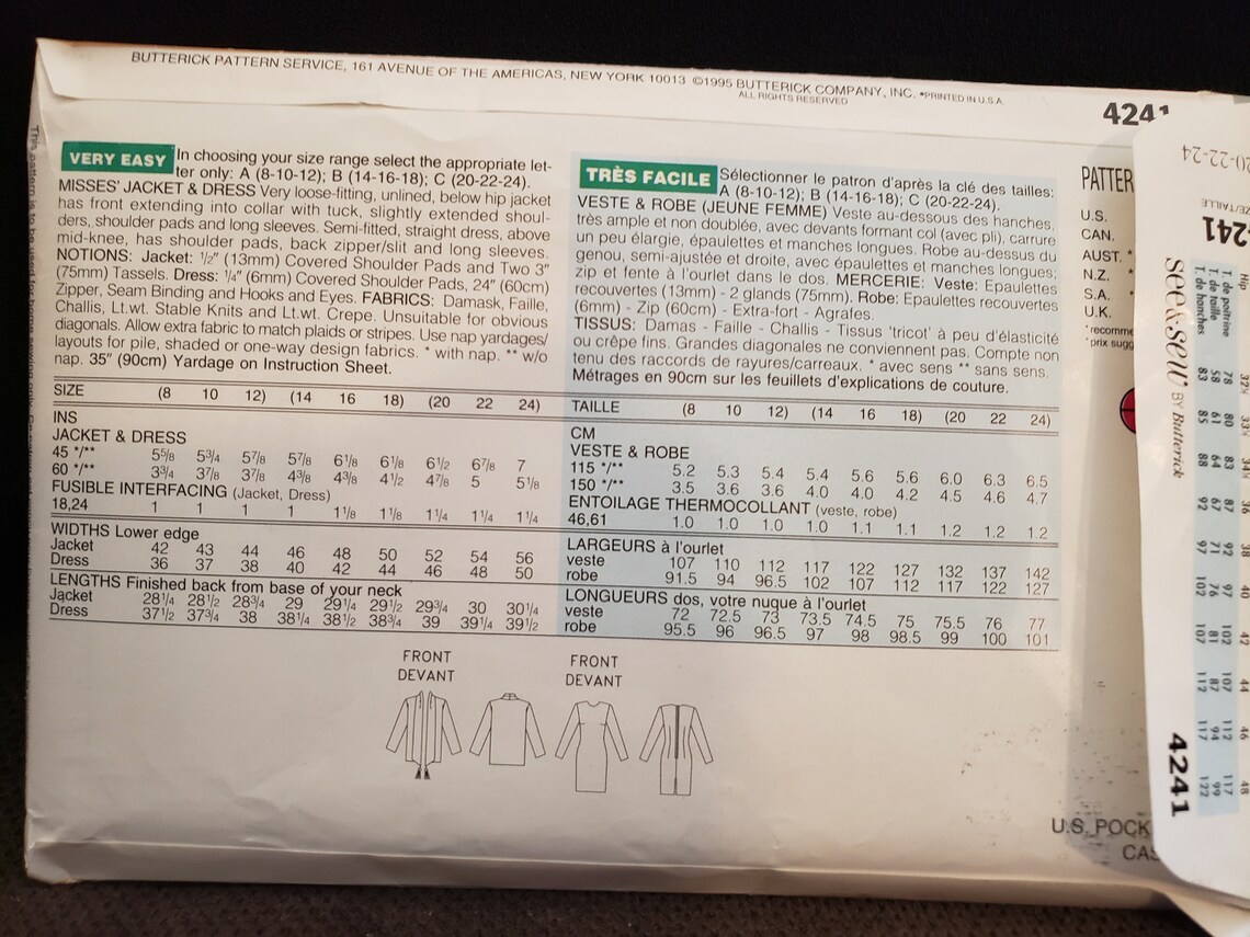 See & Sew 4241 Sewing Pattern for Easy Fitted Dress and Loose Jacket in ...