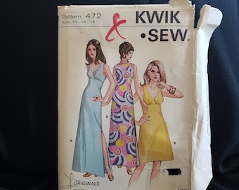 Kwik Sew 472, sewing pattern, vintage 70's dress, maxi or mini with side slit - high turtle neck version or v neckline sizes 14-18 UNCUT FF