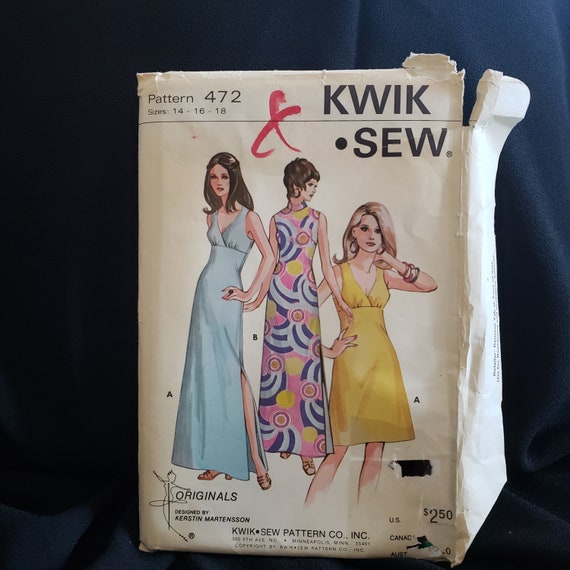Kwik Sew 472, Sewing Pattern, Vintage 70's Dress, Maxi or Mini With Side  Slit - High Turtle Neck Version or V Neckline Sizes 14-18 UNCUT FF - Etsy