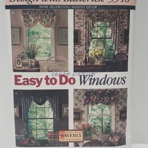 May include: A vintage sewing pattern for easy-to-make window treatments. The pattern is for a single size and features two different window designs. The pattern is titled "Easy to Do Windows" and "Faciles à Faire Fenêtres".